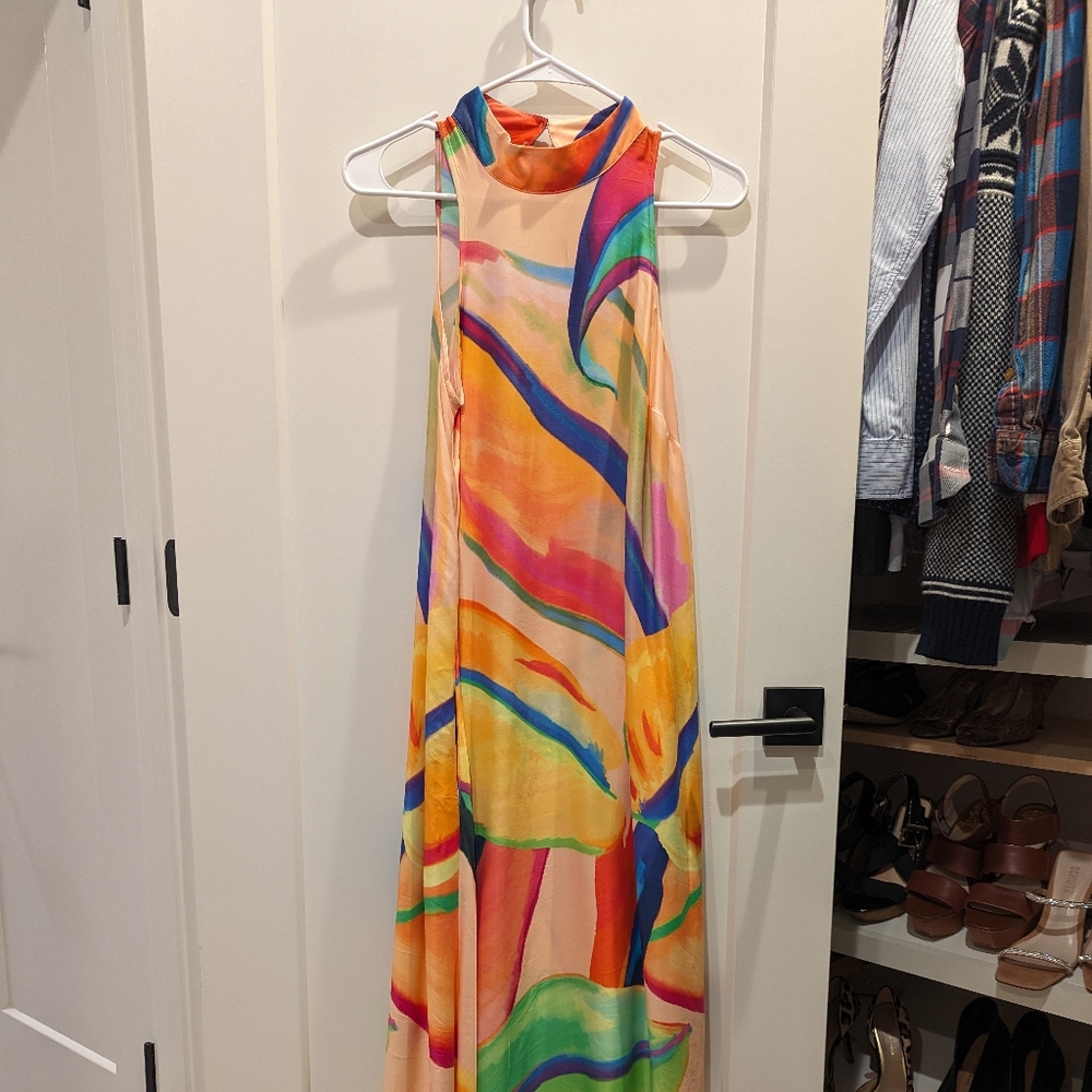 Anthropologie Farm Rio Maxi Dress Halter Abstract Painterly Pockets